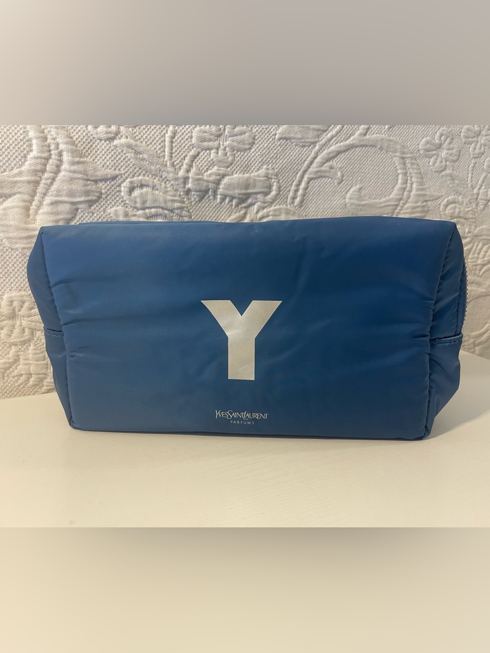 Yves Saint Laurent Blue Toiletry Gym Pouch Lightweight Material White 'Y' Logo
